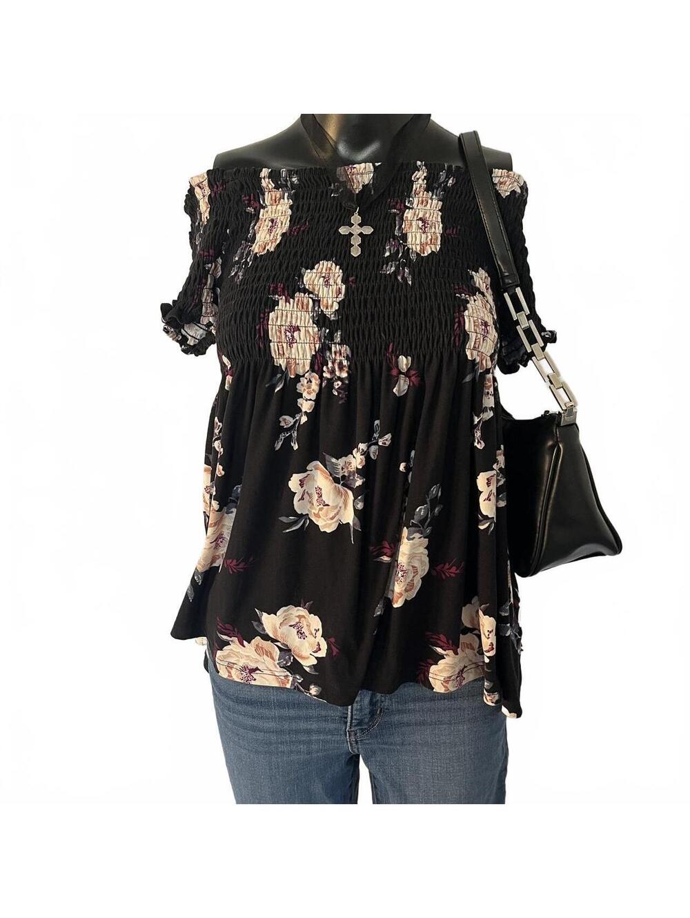 Love Streak Black & Pink Floral Off-Shoulder Top Size L